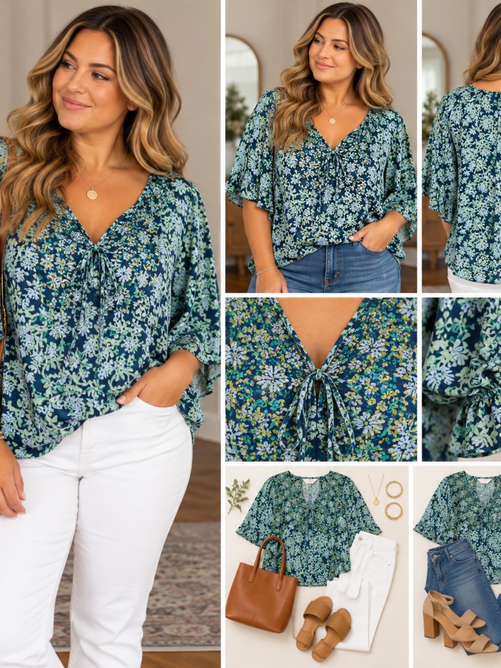 LC Lauren Conrad Navy and Green Floral Tie-Front V-Neck Blouse